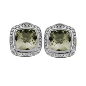 sterling silver earrings centered with cushion cut prasiolite surrounded by round diamonds