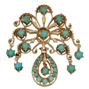 yellow gold dangle brooch/pendant set with round cabochon turquoise