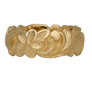 yellow gold band with floral and leaf details