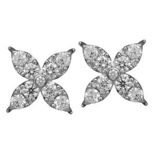 white gold flower earrings set with round brilliant diamonds