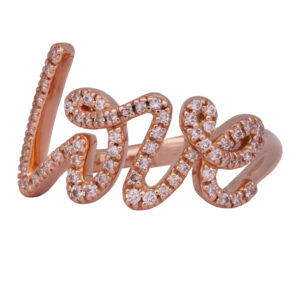 rose gold ring with "love" written in cursive, set with round diamonds