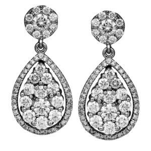 white gold dangle earrings set with round brilliant diamonds