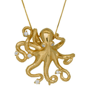 yellow gold octopus pendant set with round diamonds