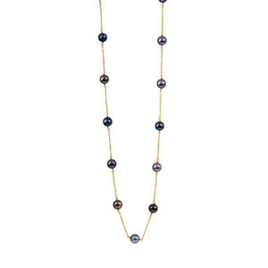 yellow gold station necklace set with Tahitian pearls