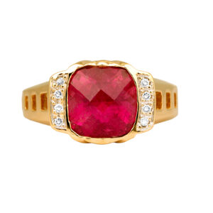 yellow gold ring set with a checkerboard cushion rubellite & round brilliant diamonds