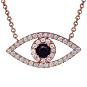 rose gold evil eye pendant set with a round black diamond and round white diamonds