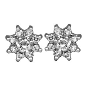 white gold halo earrings set with round brilliant diamonds