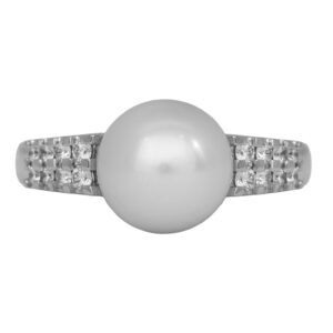 white gold ring centered with a 9.5mm white pearl surrounded by two rows of round diamonds in the band