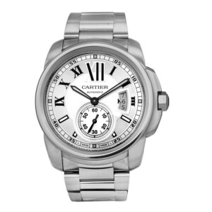 stainless steel Cartier watch with a white dial