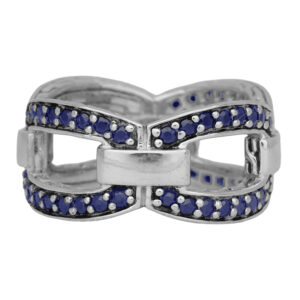 sterling silver open link ring set with round brilliant blue sapphires