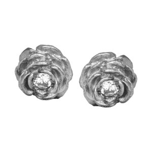 white gold rose earrings set with round diamonds