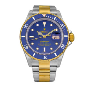stainless steel and yellow gold rolex with a blue dial and bezel
