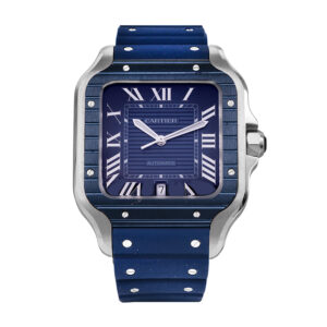 stainless steel and blue PVD Cartier Santos watch with a blue dial and blue rubber strap