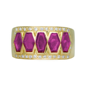 yellow gold band set with shield cut deep pink sapphires flanked by round diamonds
