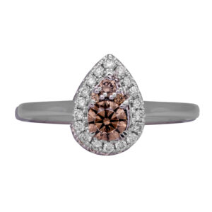 white gold halo ring centered with light brown round diamonds in the shape of a pear, surrounded by a halo of round diamonds