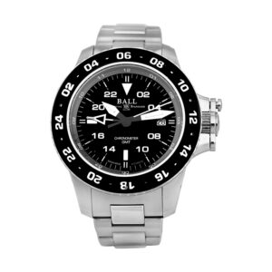 stainless steel watch with a black dial and black bezel