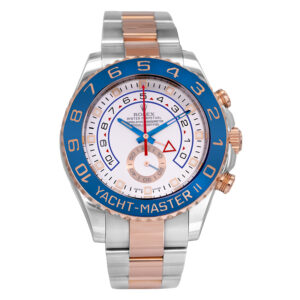 stainless steel and rose gold Rolex Yacht Master with a white dial and blue bezel
