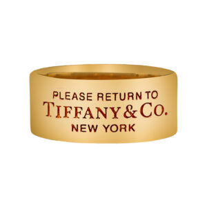 yellow gold Tiffany wide gold band with "PLEASE RETURN TO TIFFANY & CO. NEW YORK" engraved