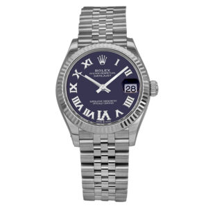 stainless steel rolex with an aubergine dial