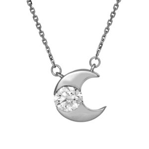 white gold half moon necklace set with a round diamond
