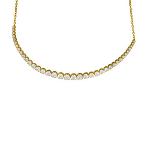 yellow gold curved necklace set with round diamonds