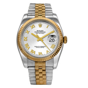 stainless steel and yellow gold rolex with a silver dial