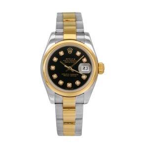 stainless steel and yellow gold Rolex with a black diamond dial