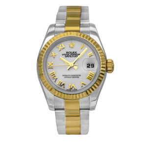 stainless steel and yellow gold Rolex watch with a silver dial and gold Roman numerals