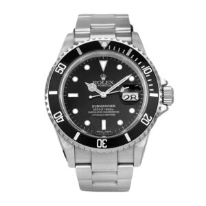 stainless steel Rolex with a black dial and bezel