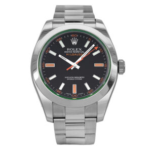 stainless steel Rolex Milgauss with a green sapphire crystal and black dial