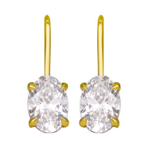 yellow gold drop earrings set with oval diamonds and round brilliant diamonds
