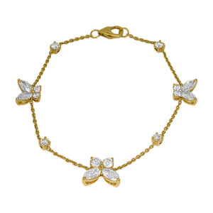 yellow gold butterfly station bracelet set with round and marquise diamonds