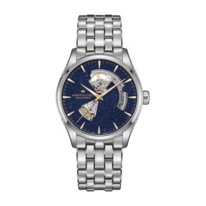 stainless steel hamilton watch with a navy/starry skeleton dial