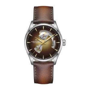 stainless steel Hamilton watch with a champagne sunburst skeleton dial