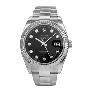 stainless steel rolex watch with a black diamond dial