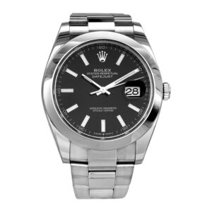 stainless steel Rolex watch with a black dial and white markers