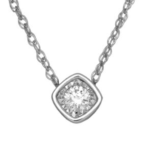 white gold pendant set with a round diamond in a bright-cut diamond bezel setting