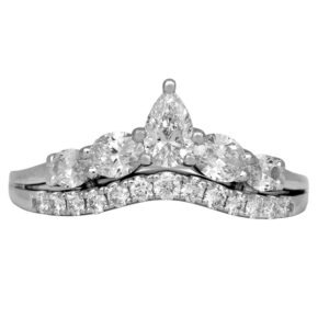 white gold curved band set with round brilliant, oval, and pear diamonds