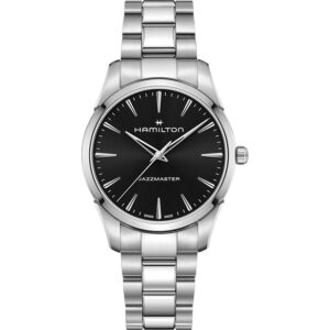 stainless steel watch with a black dial
