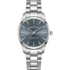 stainless steel Hamilton Jazzmaster watch with a steel blue dial