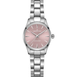 stainless steel Hamilton Jazzmaster with a pink dial