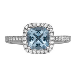 white gold halo ring centered with a cushion aquamarine surrounded by round diamonds in the halo & band
