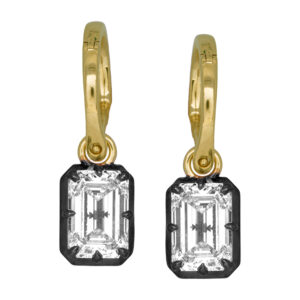 yellow gold and black rhodium drop earrings set with emerald cut diamonds