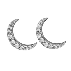 white gold crescent moon earrings set with round diamonds