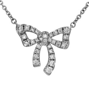 white gold bow necklace set with round diamonds