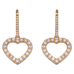 yellow gold heart drop earrings set with round diamonds