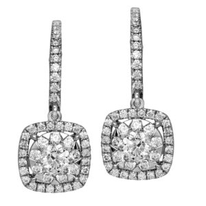 white gold drop earrings set with round diamonds