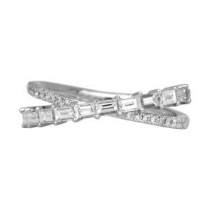 white gold criss cross ring set with round and baguette diamonds