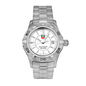 stainless steel watch with a white dial