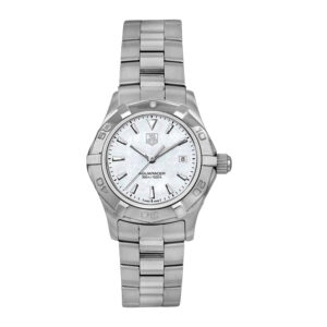stainless steel TAG Heuer watch with a white dial